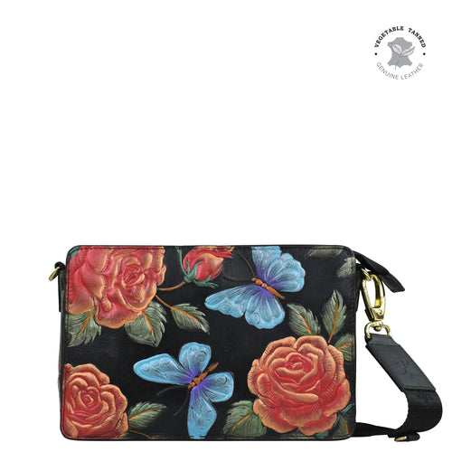 Anuschka Tooled Rose Black Triple Compartment Crossbody