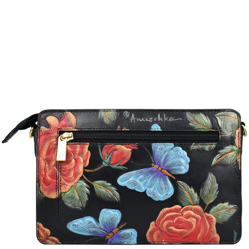 Anuschka Tooled Rose Black Triple Compartment Crossbody