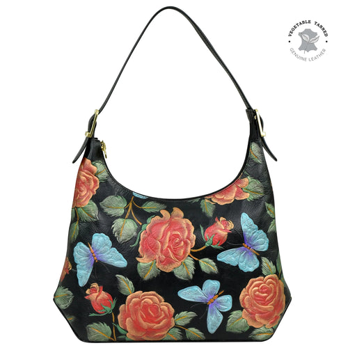 Anuschka Tooled Rose Black Slim Shoulder Hobo