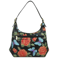 Anuschka Tooled Rose Black Slim Shoulder Hobo