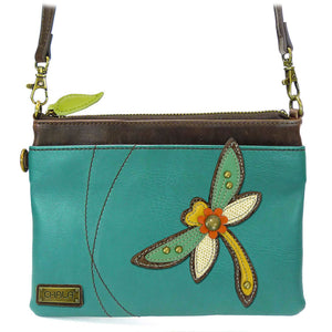 Convertible Colorful Dragonfly Crossbody with Leaf Zipper Pull and Inside Patterned Lining 