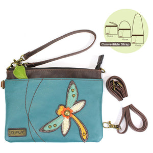Convertible Colorful Dragonfly Crossbody with Leaf Zipper Pull and Inside Patterned Lining 