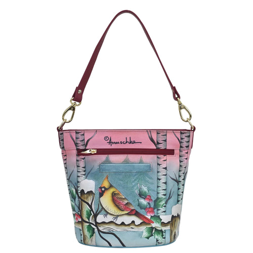Anuschka Snowy Cardinal Tall Bucket Hobo